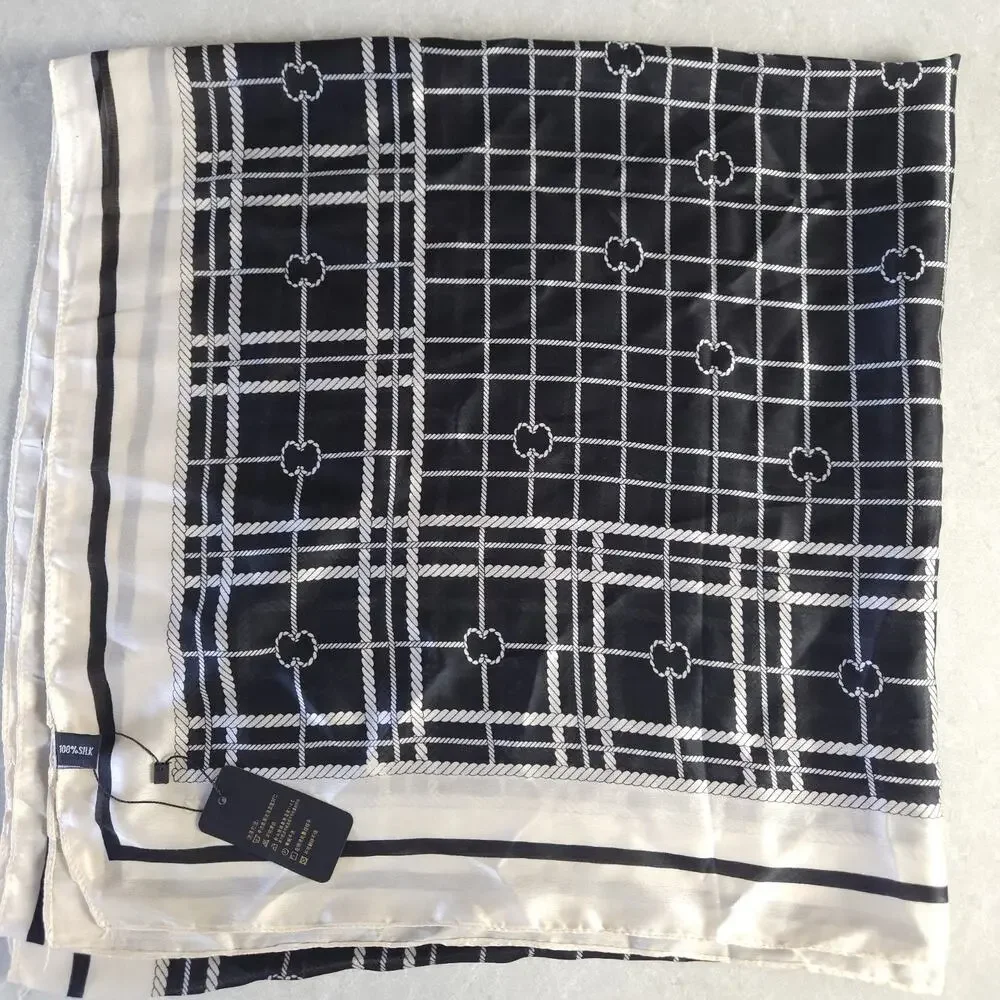 Oversized Scarf 100%‎ Silk Wrap Shawl Designer Style Black Nautical Gift 70x35